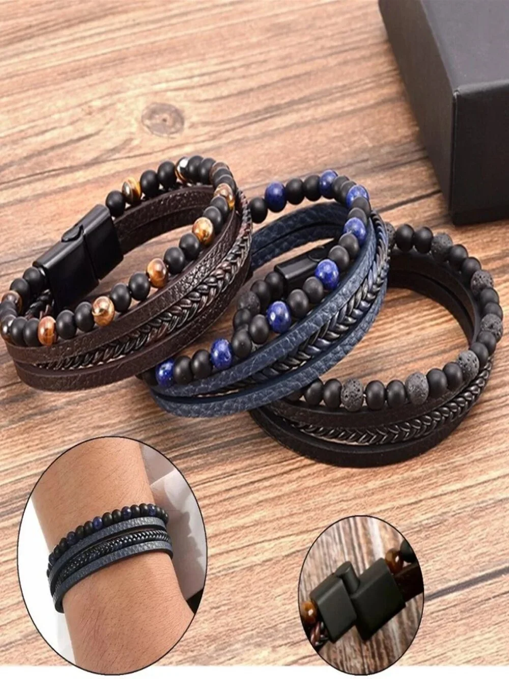 Men's Layered Braided Leather Beaded Bracelet With Tiger Eye Natural Stone - Picture 10 of 10